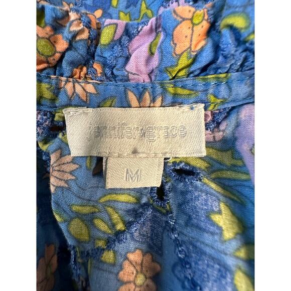 Jennifer Grace Blue Floral Eyelet Peasant Top Size M Boho Festival Resort - Picture 9 of 10